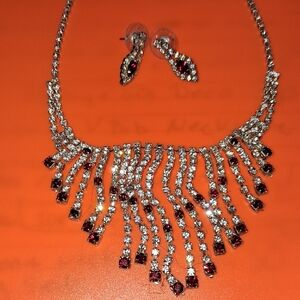 Elegant Silver and Red Necklace and Earring Set